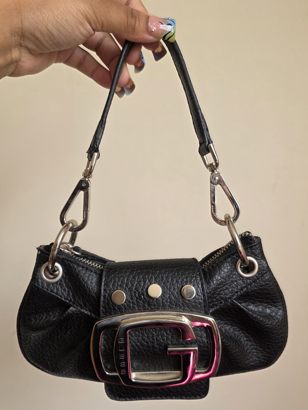 Y2k Vintage Guess Black Leather Mini Shoulder Bag with Silver Buckle